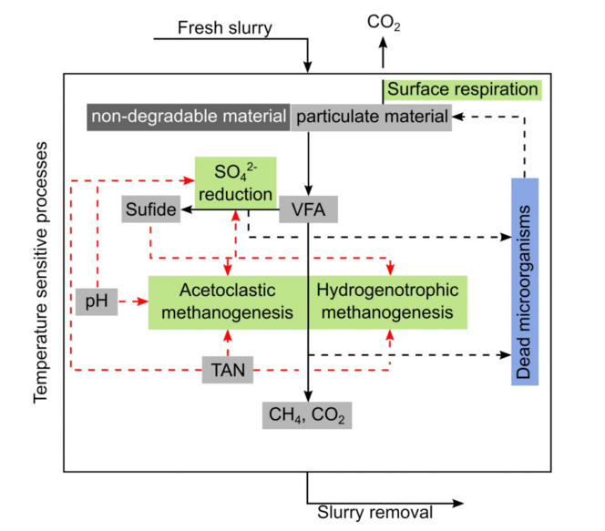 Graphics from: Ref. Dalby FR, Hafner SD, Petersen SO, Vanderzaag A, Habtewold J, Dunfield K, et al. (2021) A mechanistic model of methane emission from animal slurry with a focus on microbial groups. PLoS ONE 16(6): e0252881